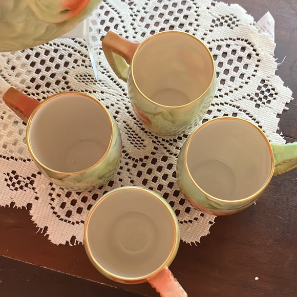 American Belleek Lemonade Beverage LG Pitcher & 4 Matched Mugs Apples Pattern - Picture 4 of 12
